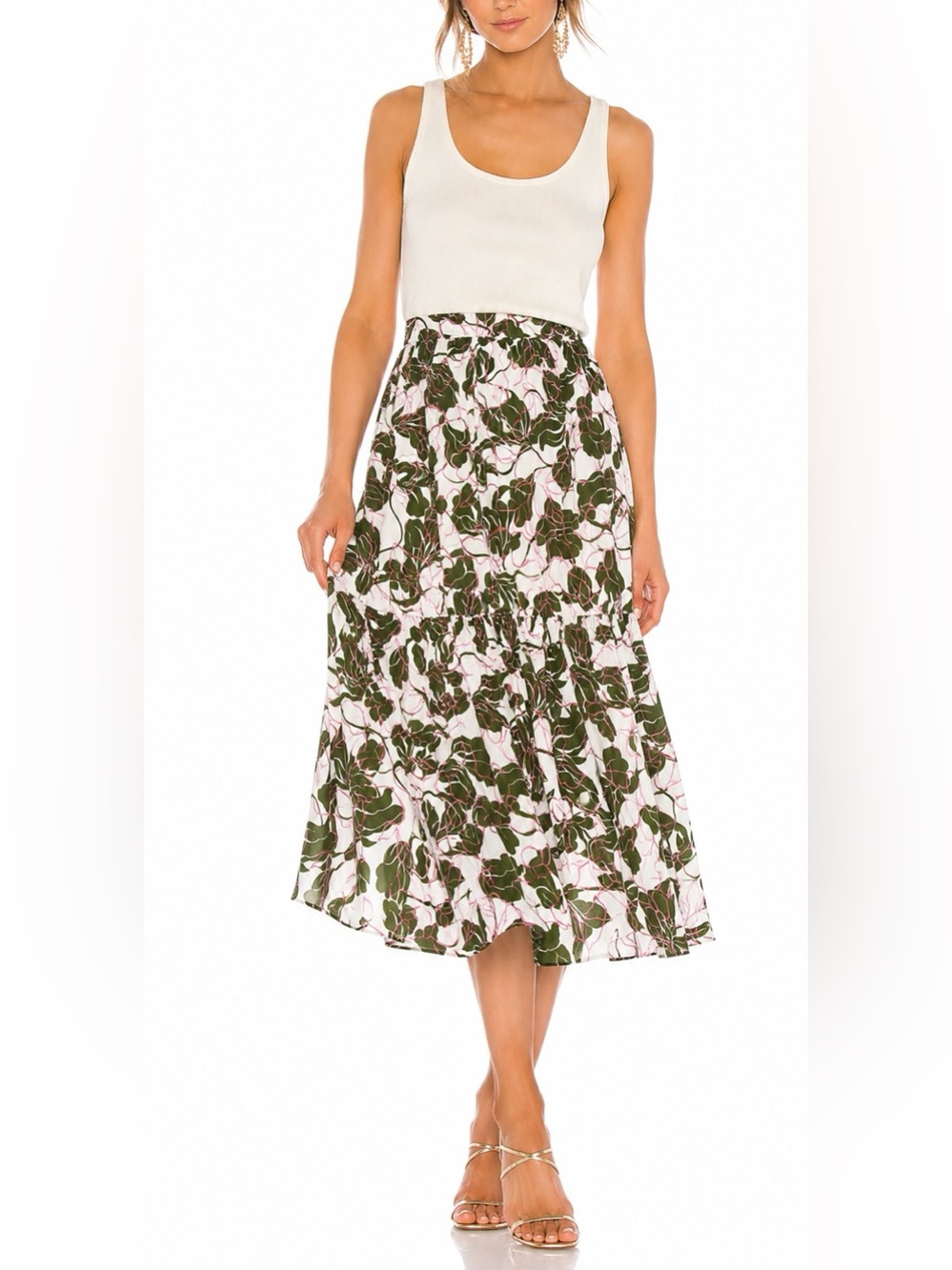 Parker Floral Tiered Midi Skirt Egret White Green Pink Size 2 Whimsy Color Pop